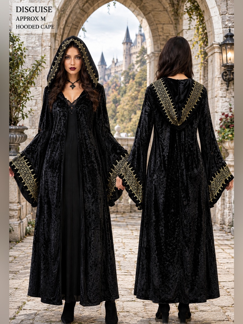 Black Crushed Velvet Hooded Cape womens M Embroidered Gothic Witchy Renaissance
